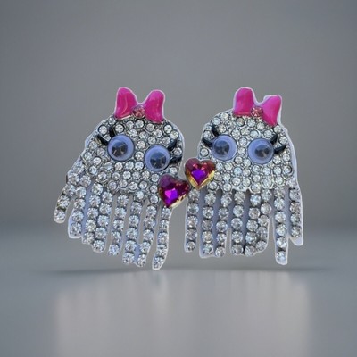 Betsey Johnson Ghost Shaky Fringe Pink Bow Heart Drop Earrings Crystal Halloween