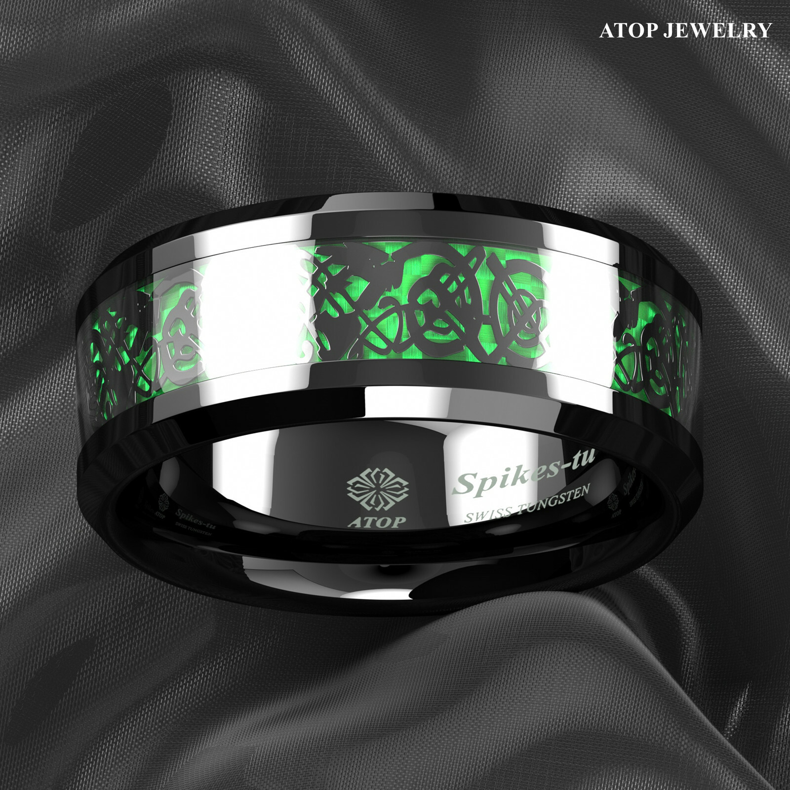ATOP 8/6mm Men Black Green Tungsten Ring Wedding Band Celtic Dragon Carbon fiber