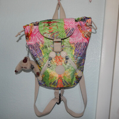Kipling Rainbow Leaves Mini Backpack Purse Monkey Keychain Bag Drawstring