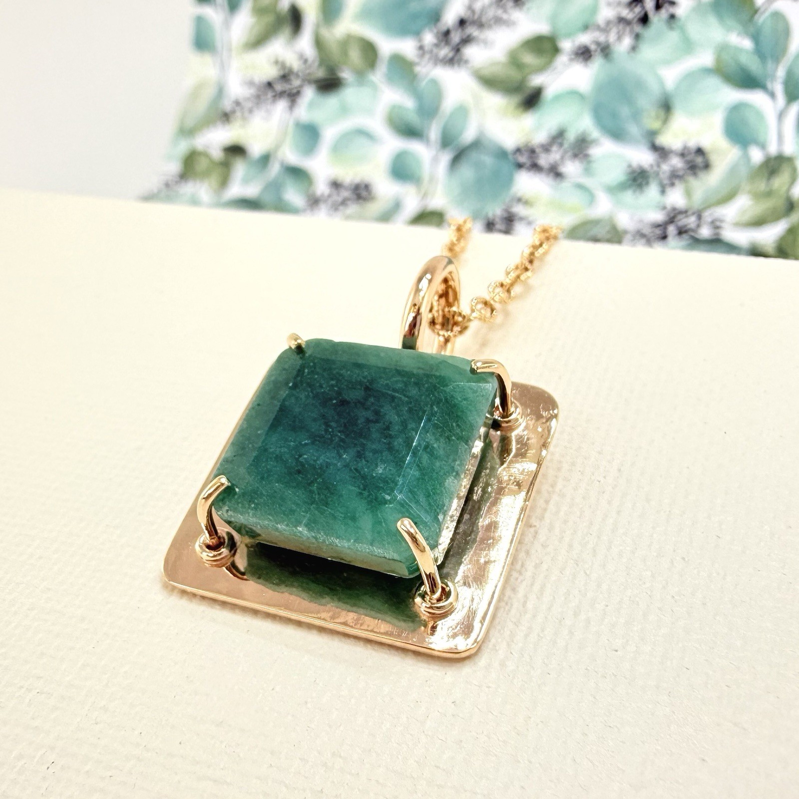 14k Yellow Gold Genuine Emerald Modernist Unisex Pendant, Newly Handcrafted - Picture 7 of 10