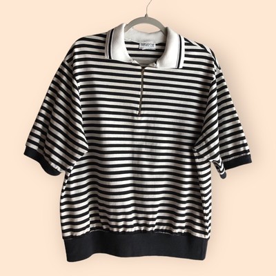 Vintage 70s Private Line New York Striped White Black Collared Quarter Zip Shirt