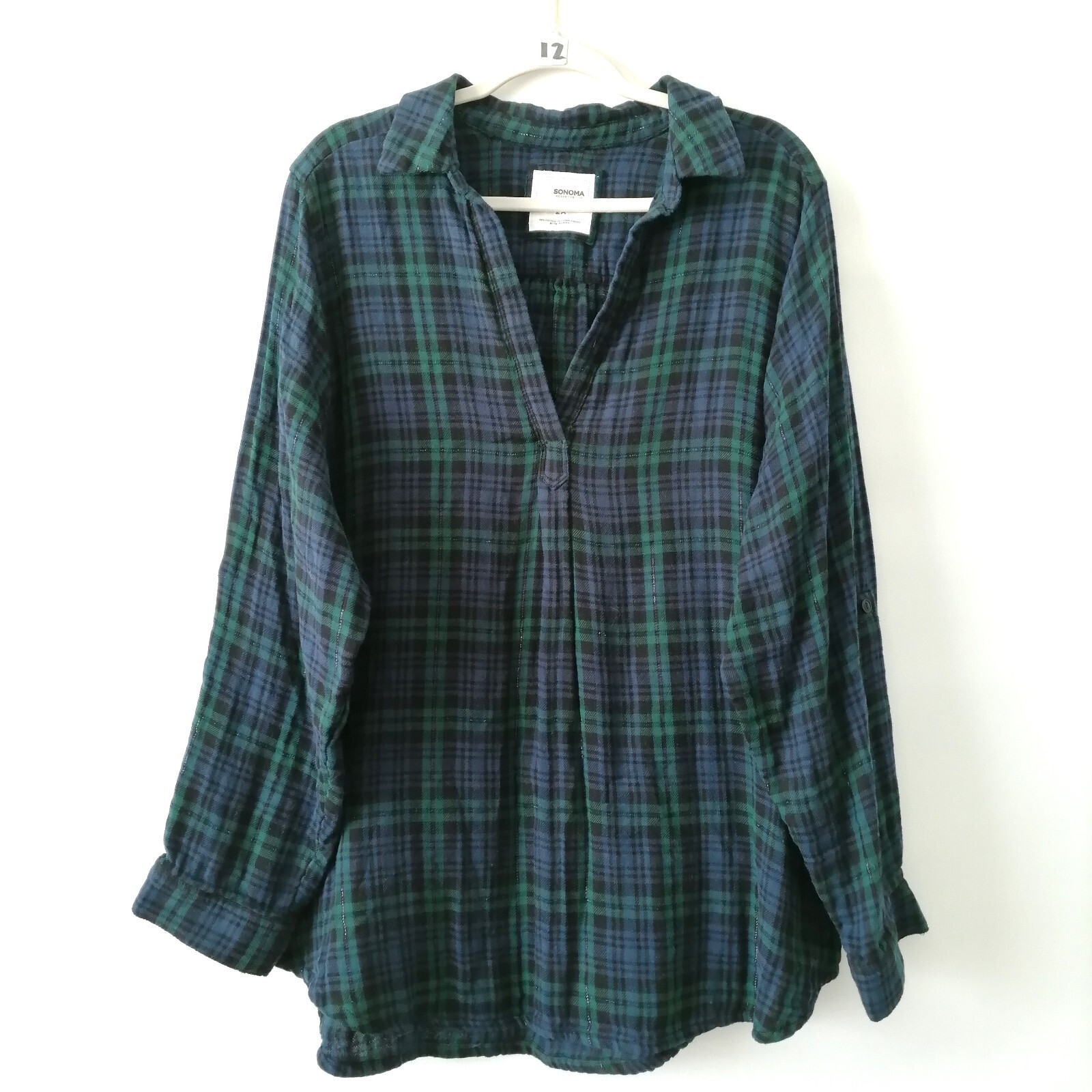 Sonoma Womens Green V Neck Metallic Shimmer Plaid Flannel