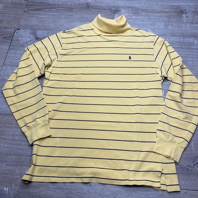 Polo Ralph Lauren Turtleneck Shirt Mens Medium Cotton Yellow Navy Stripe Pique