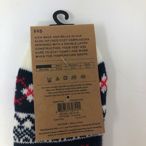 NEW Field & Stream Cozy Cabin Socks Aloe Infused Blue Nordic Print Womens OS