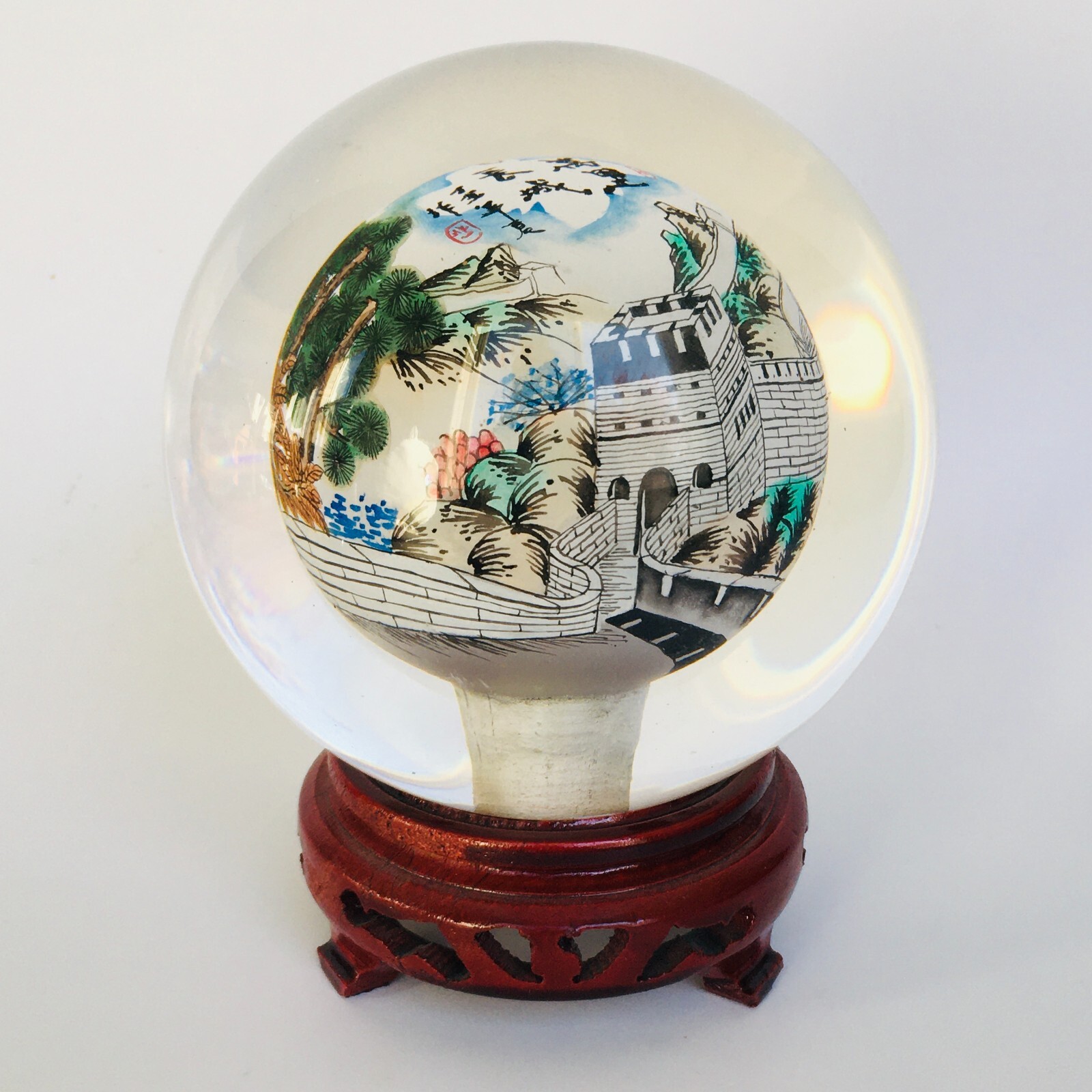 Reverse Painted Great Wall Vintage Glass Crystal Ball Sphere