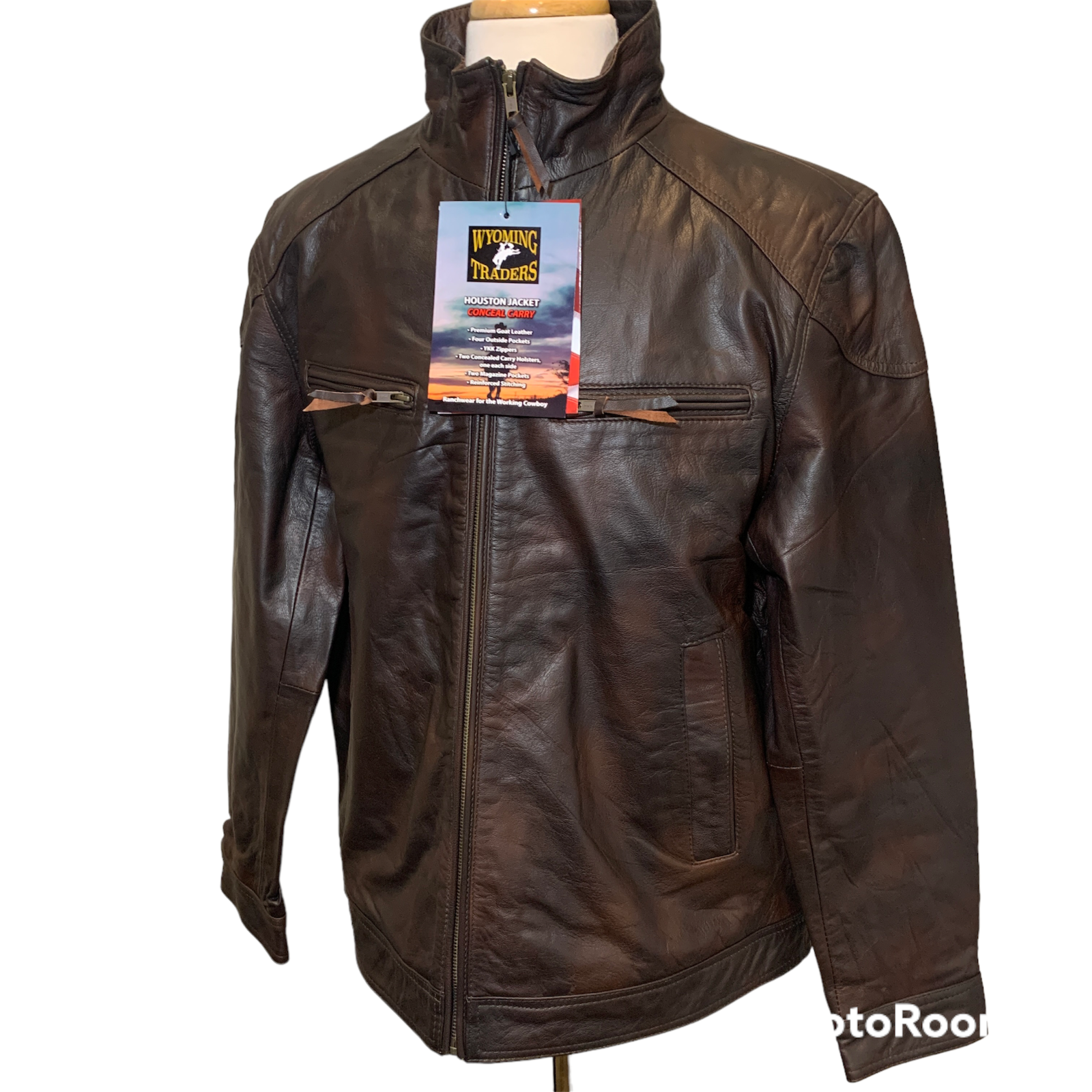 Wyoming Traders Mens Houston Brown Leather Concealed Carry Zip Up Jacket