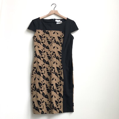 New Carmen Marc Valvo Size 6 Fairview Black Camel Dress Print Sheath Illusion