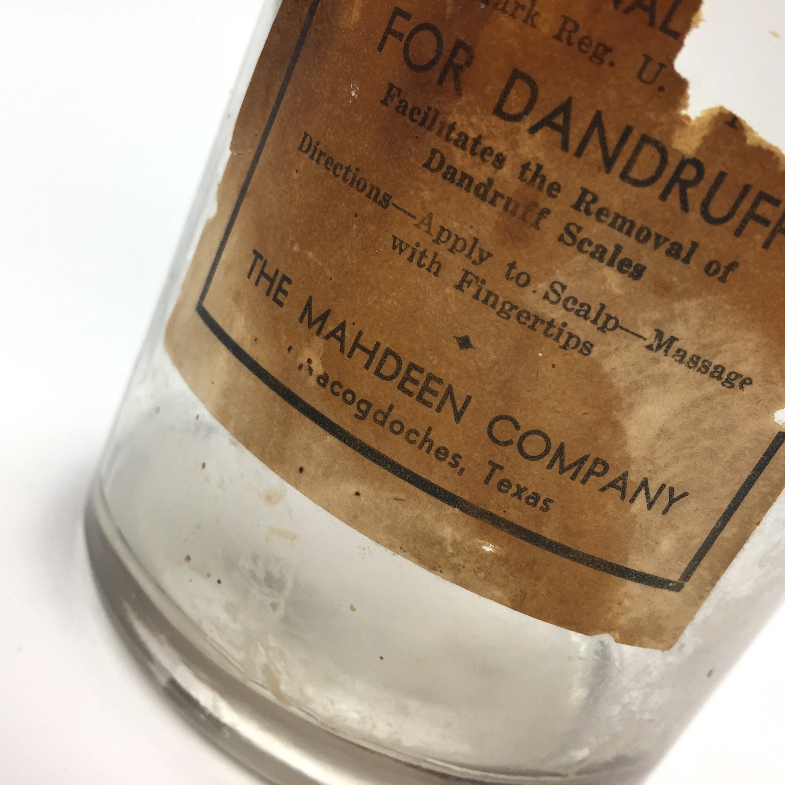 Vintage Mahdeen Hair Tonic Glass Bottle & Label, Pint, Barber Shop decor, Texas