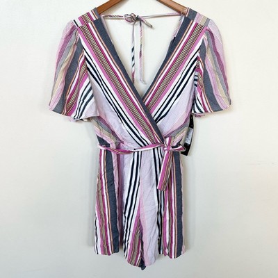 NEW Francesca's Aimee Stripe Surplice Neck Front Tie Romper Women s SIZE S