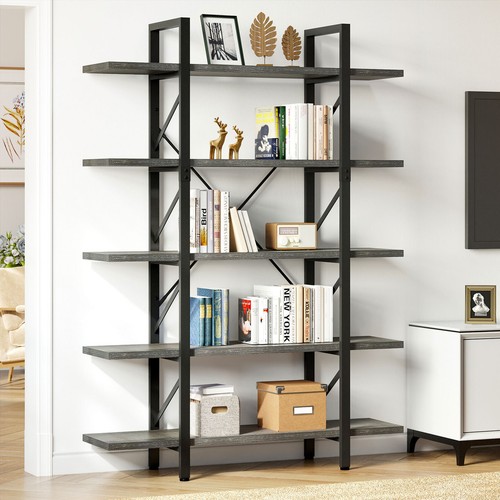 5 Shelf Bookcase Industrial Rustic Vintage Open Storage Metal & Wood Bookshelf