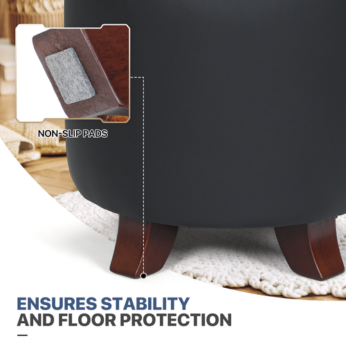 17" Black Round Storage Ottoman Classic PU Leather Lift Top Footstool Wood Legs