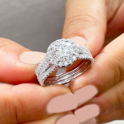 Pre-owned Halo 14k White Gold Round Simulated Diamond Engagement Ring  Triple Shank 2.50ct