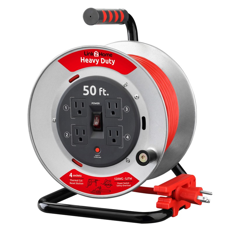 Heavy Duty Professional Grade Metal Cord Reel High Visibility 50 Ft. 12 AWG