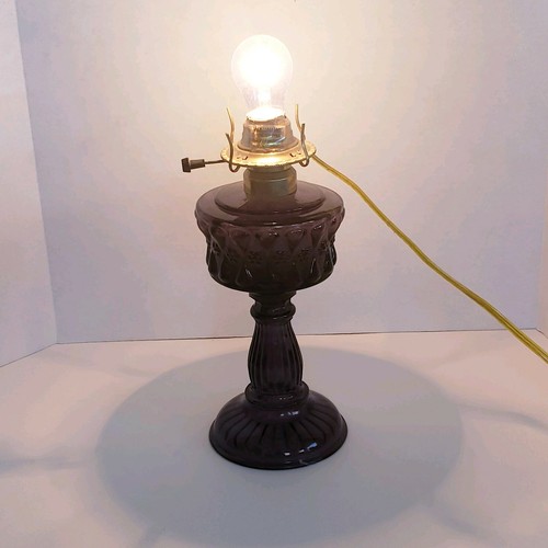 VTG Oil Kerosene Converted Table Lamp-Purple Glass Light Floral Pedestal