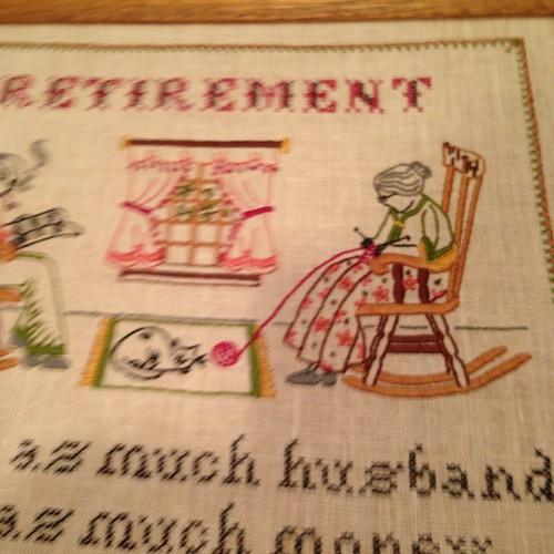 VINTAGE EMBROIDERY Crewel Sampler Retirement Twice the husband, half Money FRAME