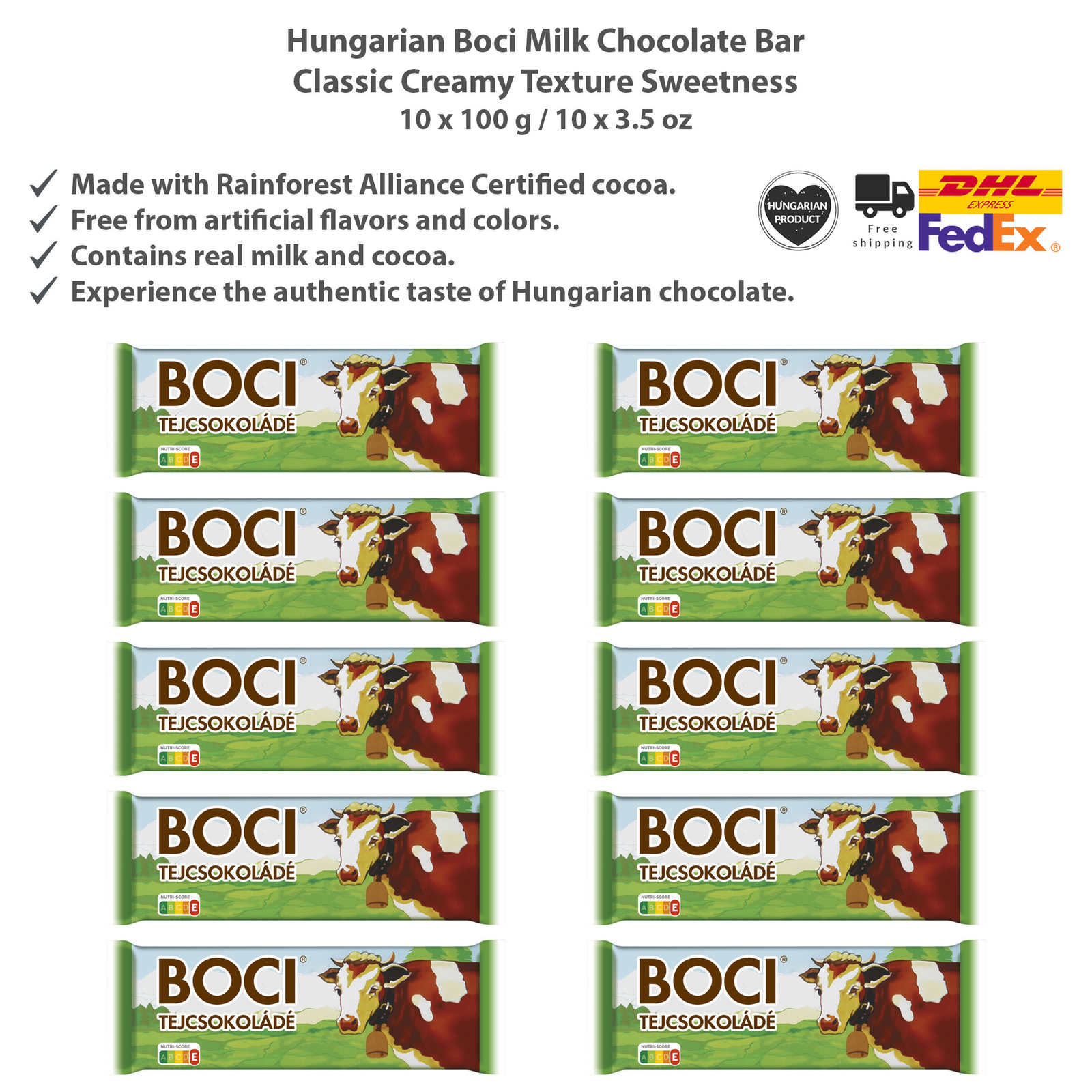 Hungarian Boci Milk Chocolate Bar, Classic Creamy Texture Sweetness - 90g x 10