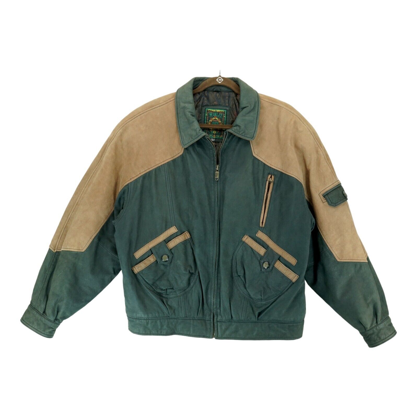Rare Vintage 80s Winlit Anno 1969 Green/Brown Leather Bomber Jacket XL Rare Vintage 80s Winlit Anno 1969 Green/Brown Leather Bomber Jacket XL