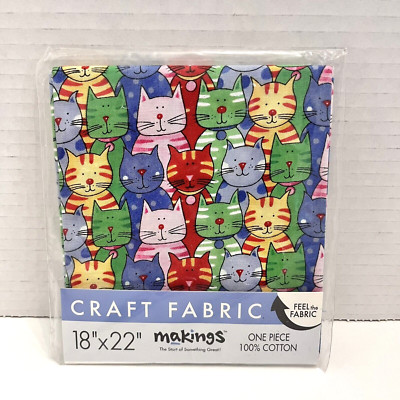 Makings Craft Fabric 18'' X 22'' One Piece Bright Cats Cotton Kitty Pet Lover USA