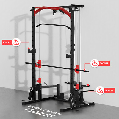 Smith Machine Multi-Functional Power Rack with LAT Pull Down & Seated Row Pulley