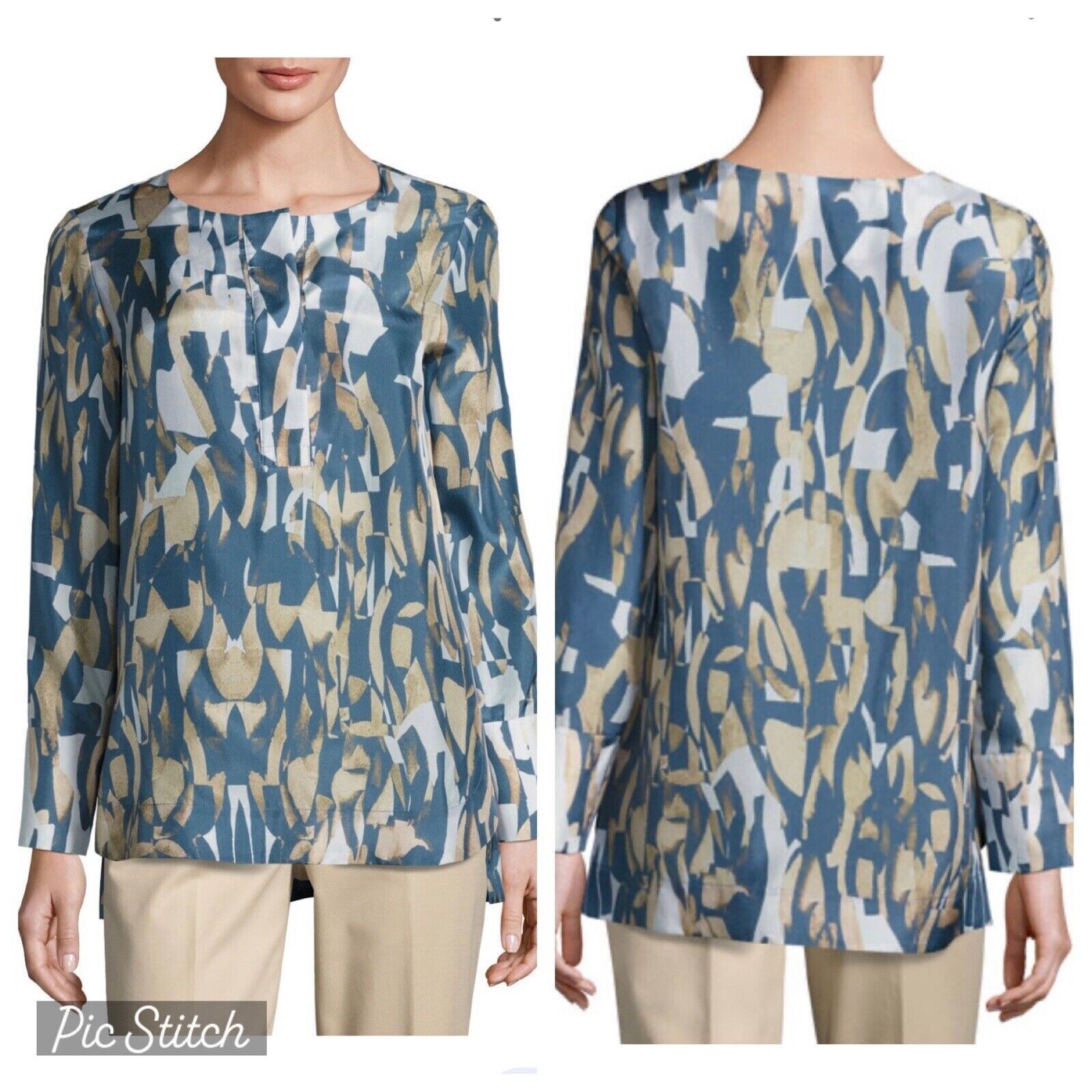 

LAFAYETTE 148 Синяя темно-серая блузка Katerine с длинными рукавами Laguna Tide из 100% шелка  4/6, Multicolor