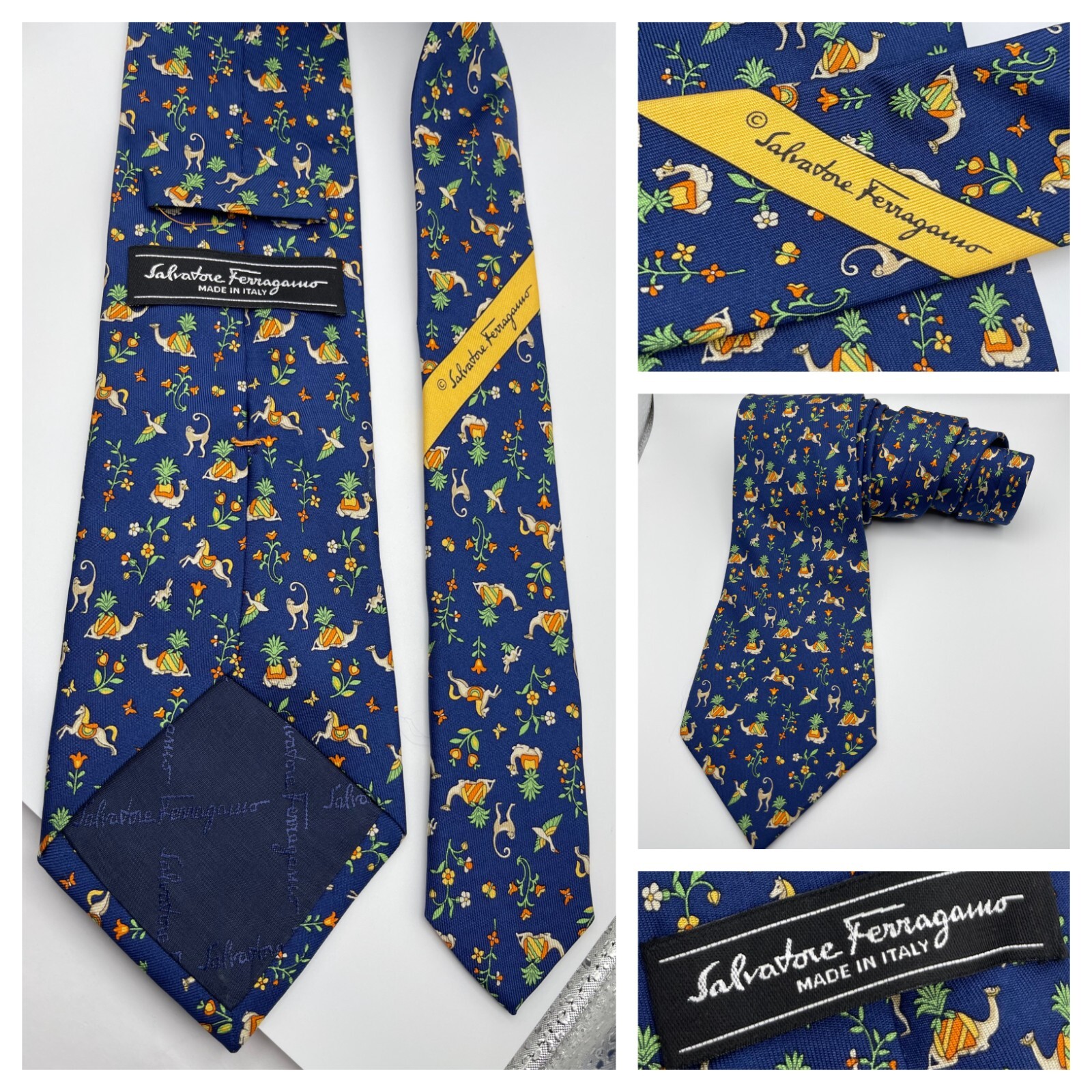 SALVATORE FERRAGAMO Silk Tie Navy Blue Monkey Palm Tree