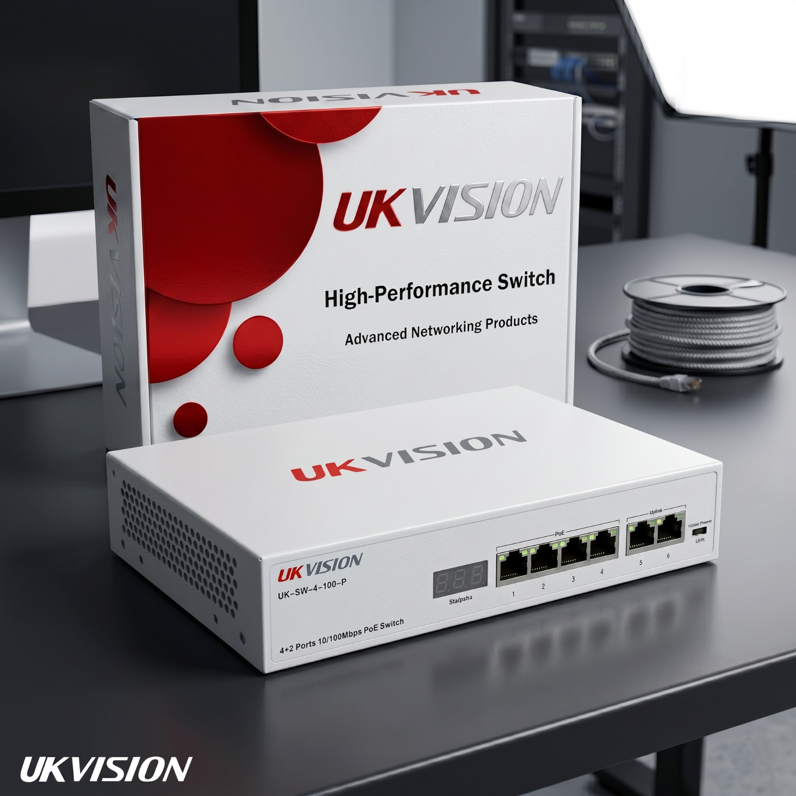 UKVISION 4 Port PoE Switch 2 Uplink 10 100Mbps 65W VLAN 250m CCTV PoE