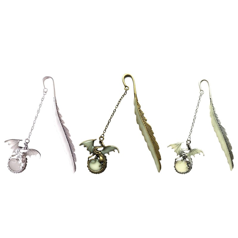 Vintage Luminous Bookmark &Flying Dragon Pendant Metal Feather Book Page Marker