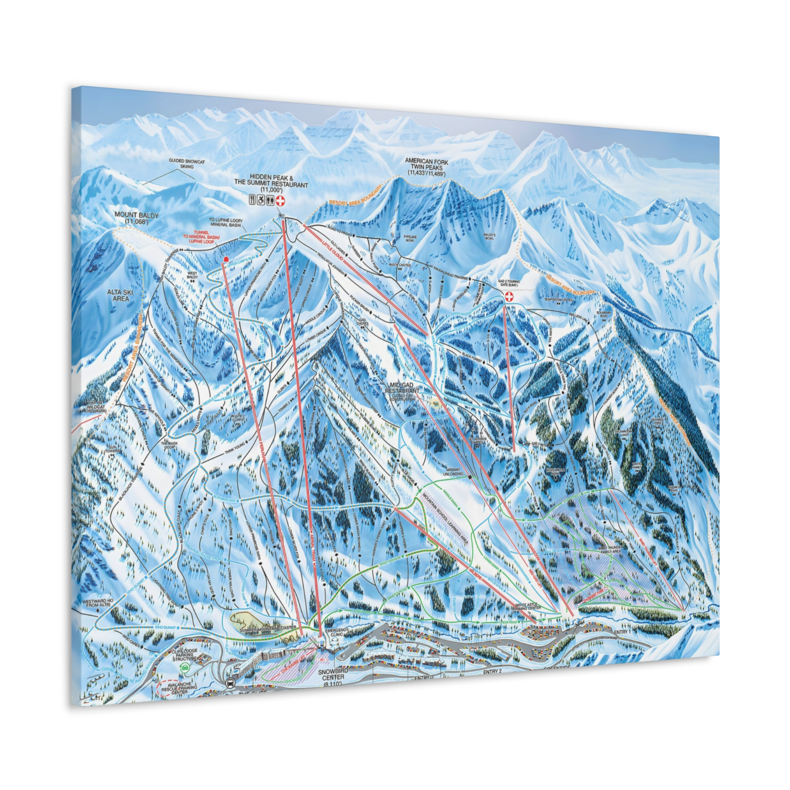 Snowbird UT Trail Map Canvas Poster Utah Ski Resort 40x30