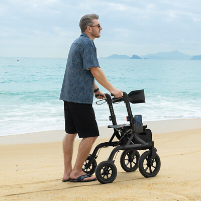 12'' Rubber Wheels All-Terrain Rollator Walker w/Seat Foldable Adjustable 300 lbs
