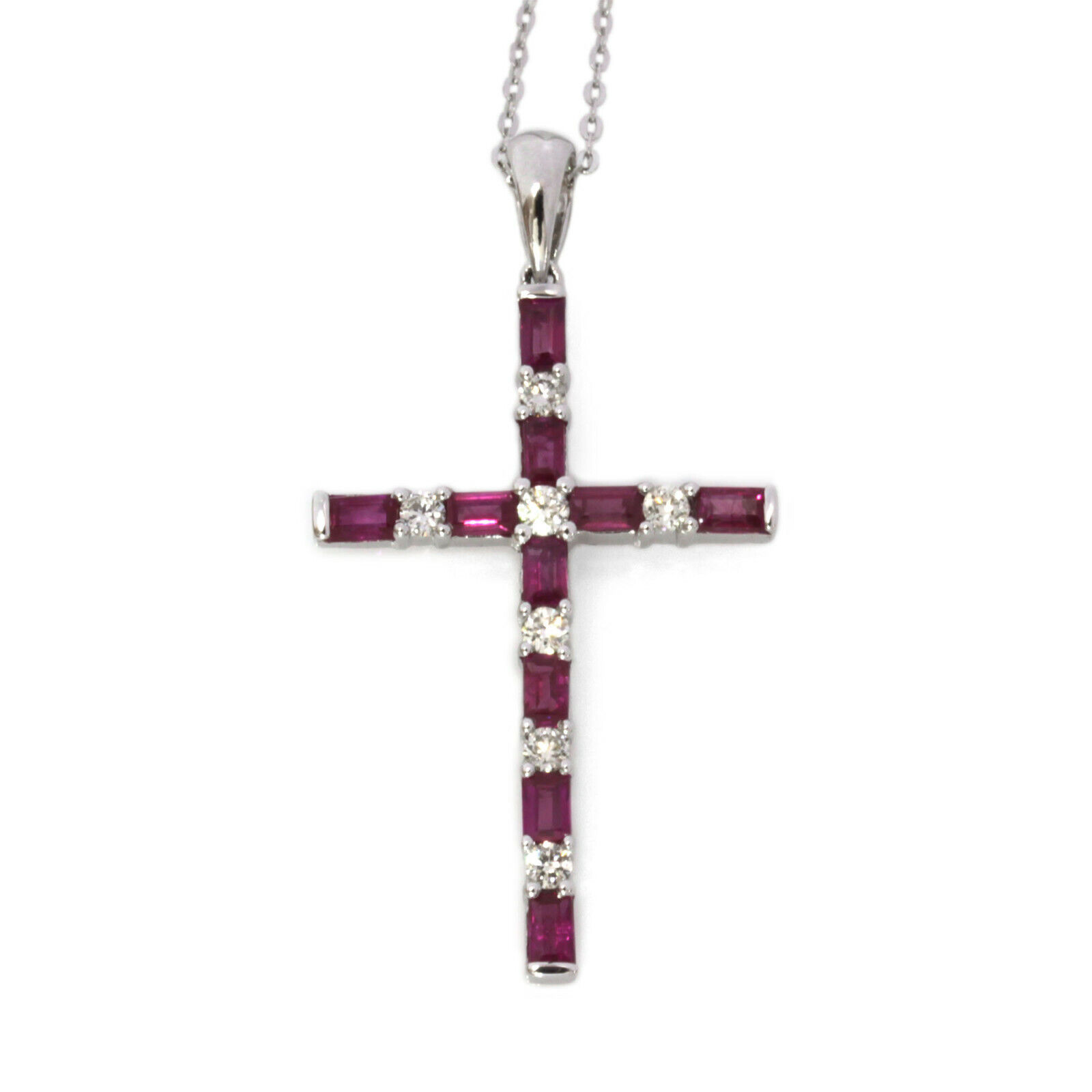 Pre-owned Jewelry By Arsa 1 Ctw Natural Red Baguette Ruby & Diamond Solid 14k White Gold Cross Necklace In 15 Inches