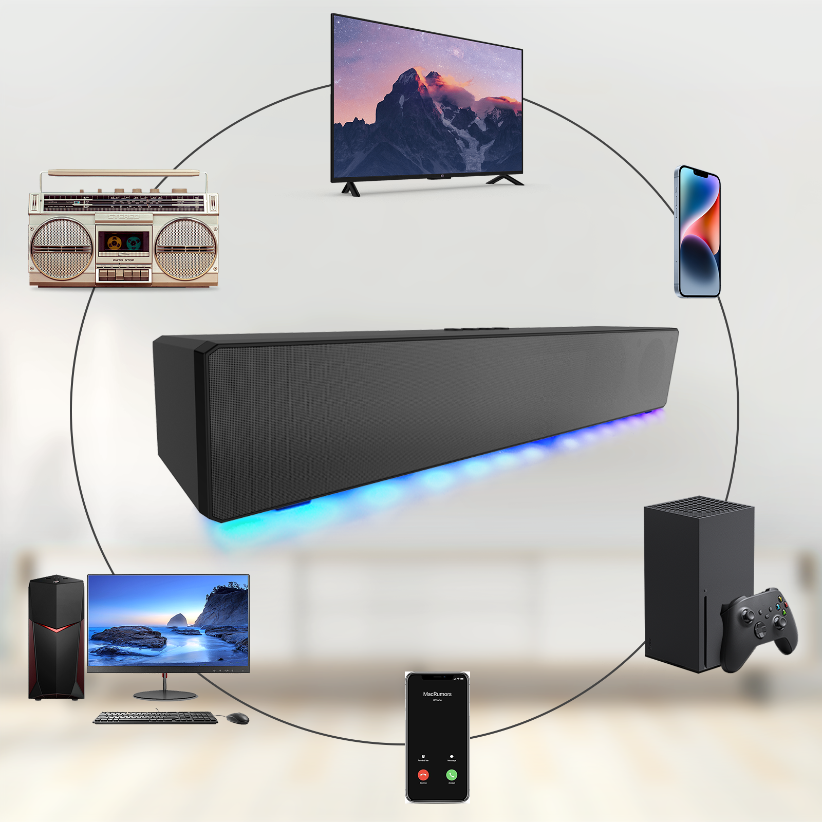 Wireless Surround Sound Bar 4 Speaker System BT Subwoofer TV