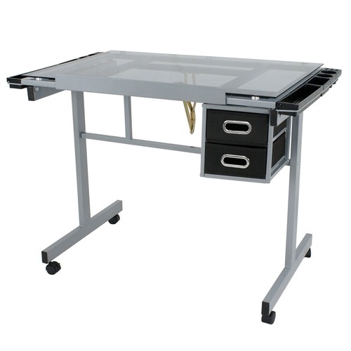 Adjustable Drafting Table Art Desk Drawing Table Glass Tabletop w/2 Slide Drawer