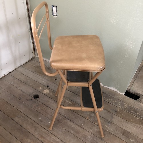 Vintage Mid Century Cosco 2-Step Stool Chair Flip Up Original Seat Tan Nice!