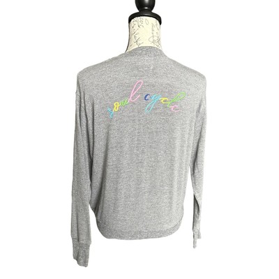 Monrow + Soul Cycle Rainbow Embroidered Crewneck Lightweight Gray Shirt Small