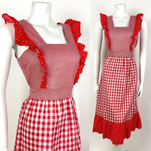 VTG 60s 70s RED WHITE GINGHAM POLKA DOT RUFFLED PRAIRIE