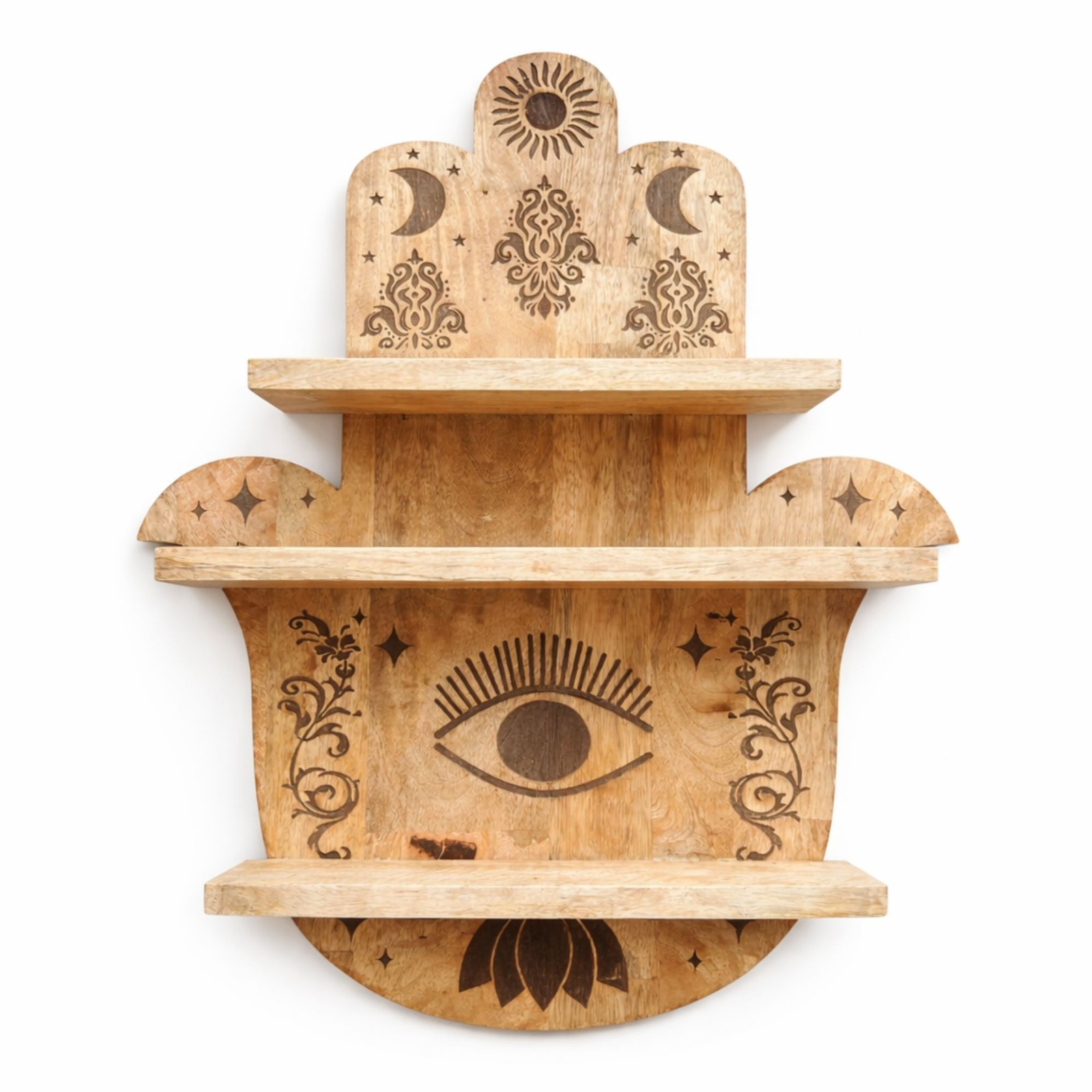 Decorative Hamsa Shaped Wooden Wall Shelf 3 Display Shelves Boho Home Decor