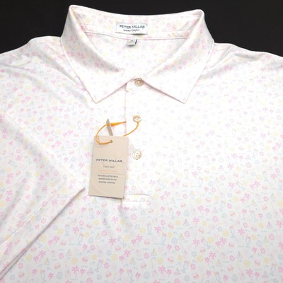 PETER MILLAR GOLF POLO SHIRT -XL WHITE YELLOW PINK BURGER FLORAL SUMMER COMFORT