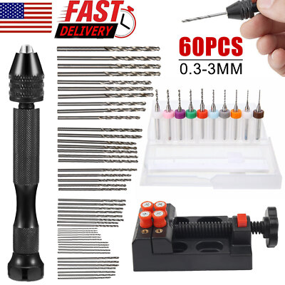 60Pcs Mini Micro Hand Drill Bits Set Small Manual Keyless Chuck Pin Vise Rotary