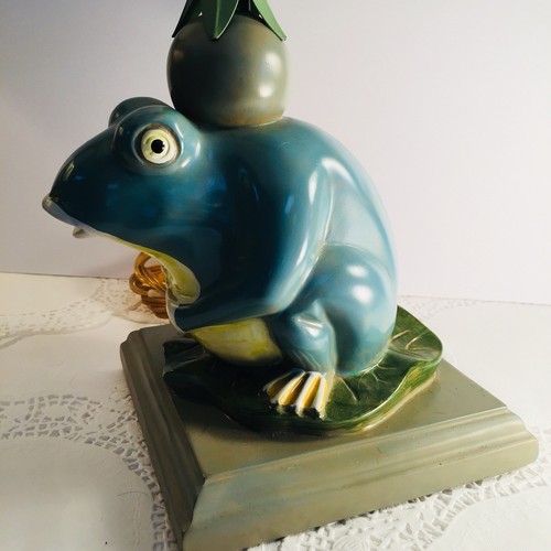 Unique Vintage Frog On Lily Pad Lamp With Old Fabric Shade Great Shape