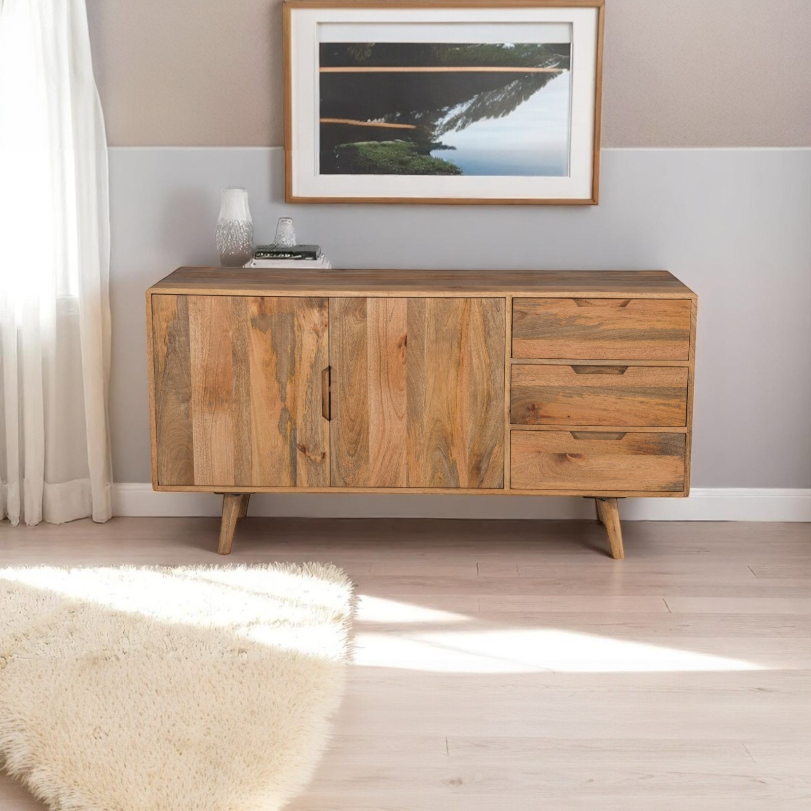 Sideboard Cabinet Cupboard Mango Wood Natural Finish Scandi Retro Assembled