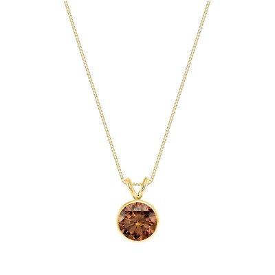 Pre-owned Shine Brite With A Diamond 2.75 Ct Round Cut Brown Solid Real 18k Yellow Gold Bezel Pendant 18" Necklace