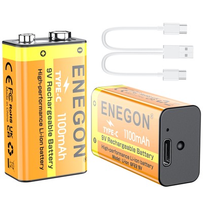 ENEGON Confezione da 2 batterie ricaricabili al litio 9V, 1100mAh (9900mWh) con 
