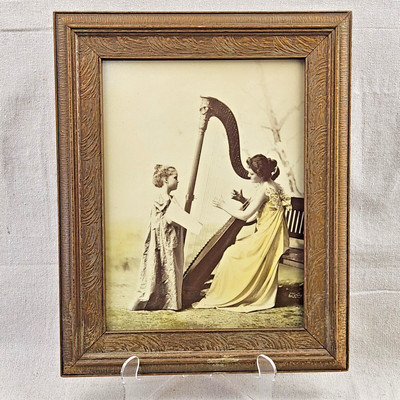 Photograph Sepia Hand Tint Mother Child Playing Harp Antique Framed 1899 9X12