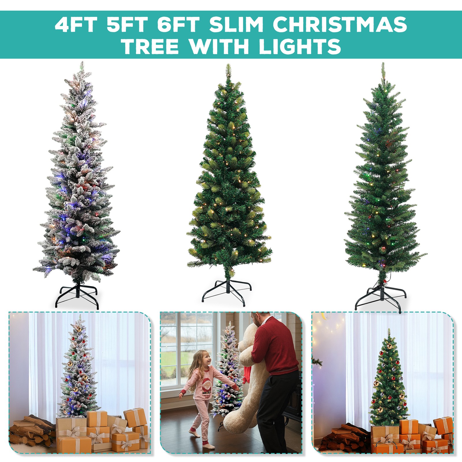 Pre-Lit Christmas Tree Green LED Lights Bushy Pine Outdoor XMAS Home Decor 4-6ft