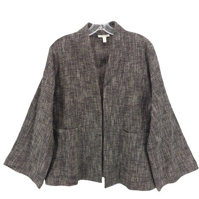 EILEEN FISHER Open Jacket Organic Cotton Linen Woven Black Tan EUC Size MEDIUM