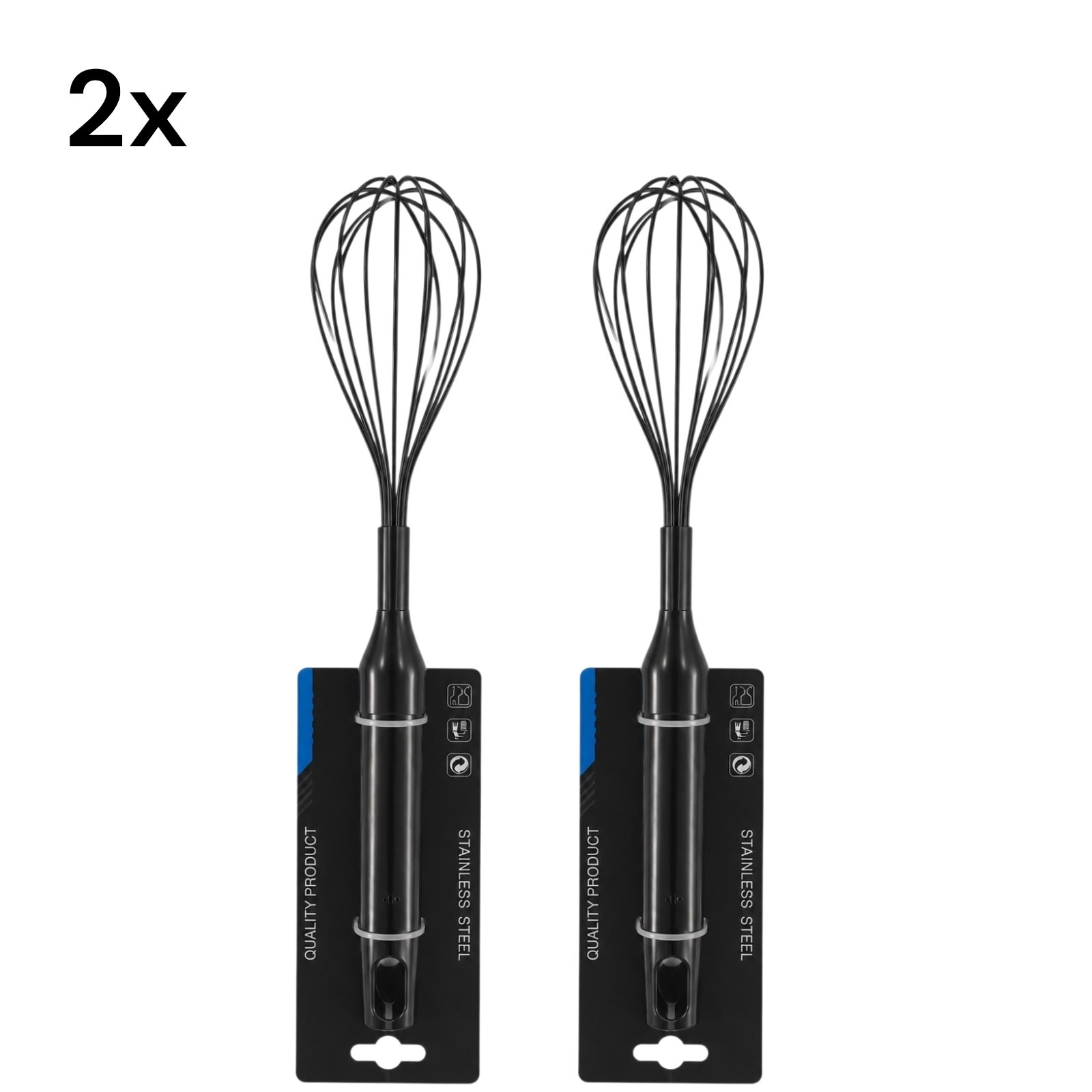 Stainless Steel Egg Beater Hand Whisk Black Manual Kitchen Balloon Whisk X2