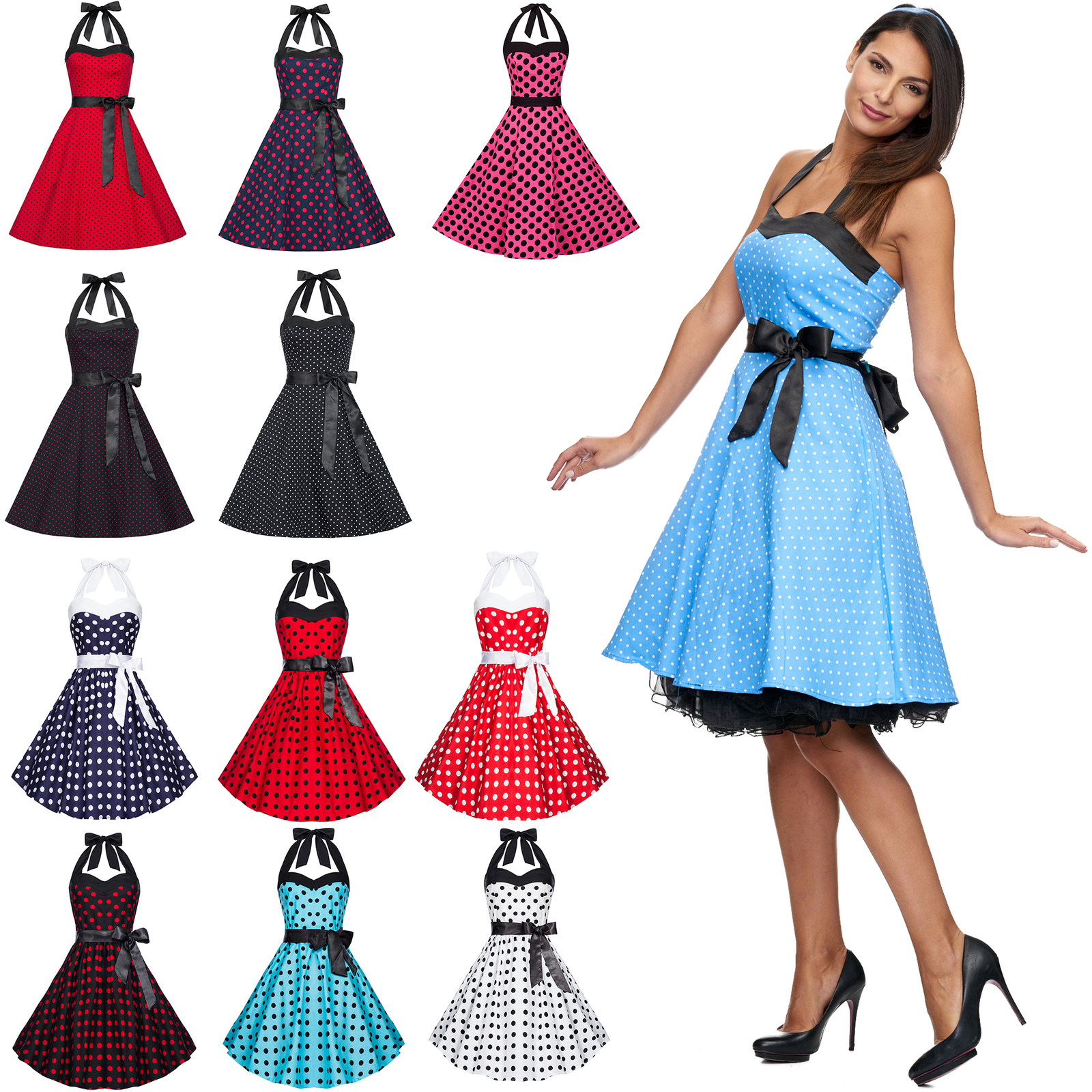 Zarlena Damen Rockabilly Kleid Petticoat Polka Dots Vintage 50er Neckholder NEU