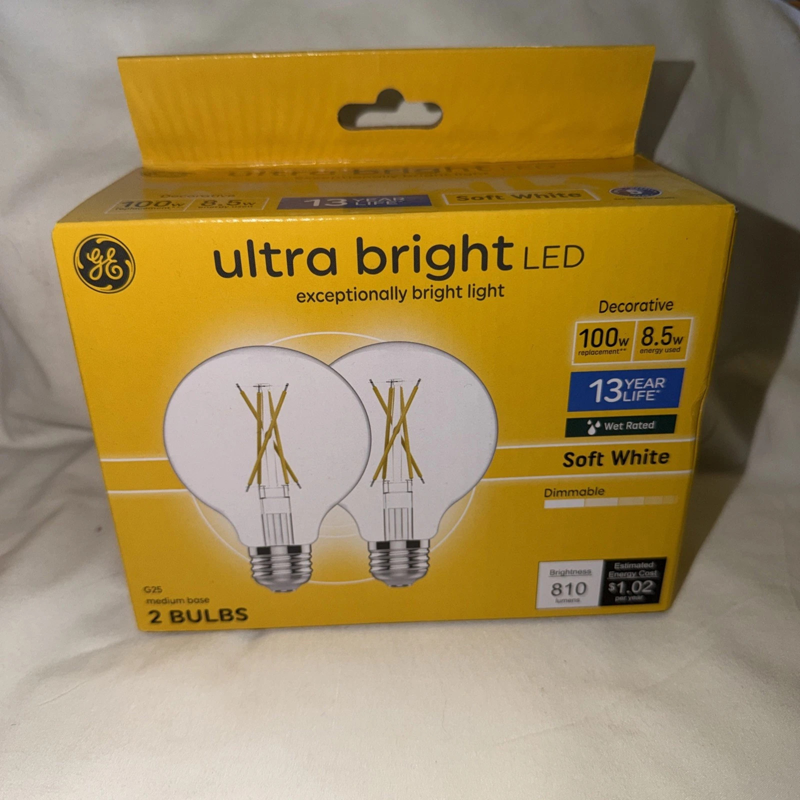GE Ultra Bright LED Dimmable Soft White 810 Lumens G25 100w 2 pack