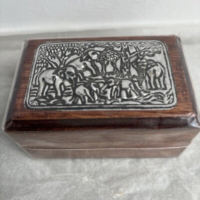 Wooden Trinket Box Elephants Silver Tone Inlay Dark Wood Lidded Boho Jungle 3x2''