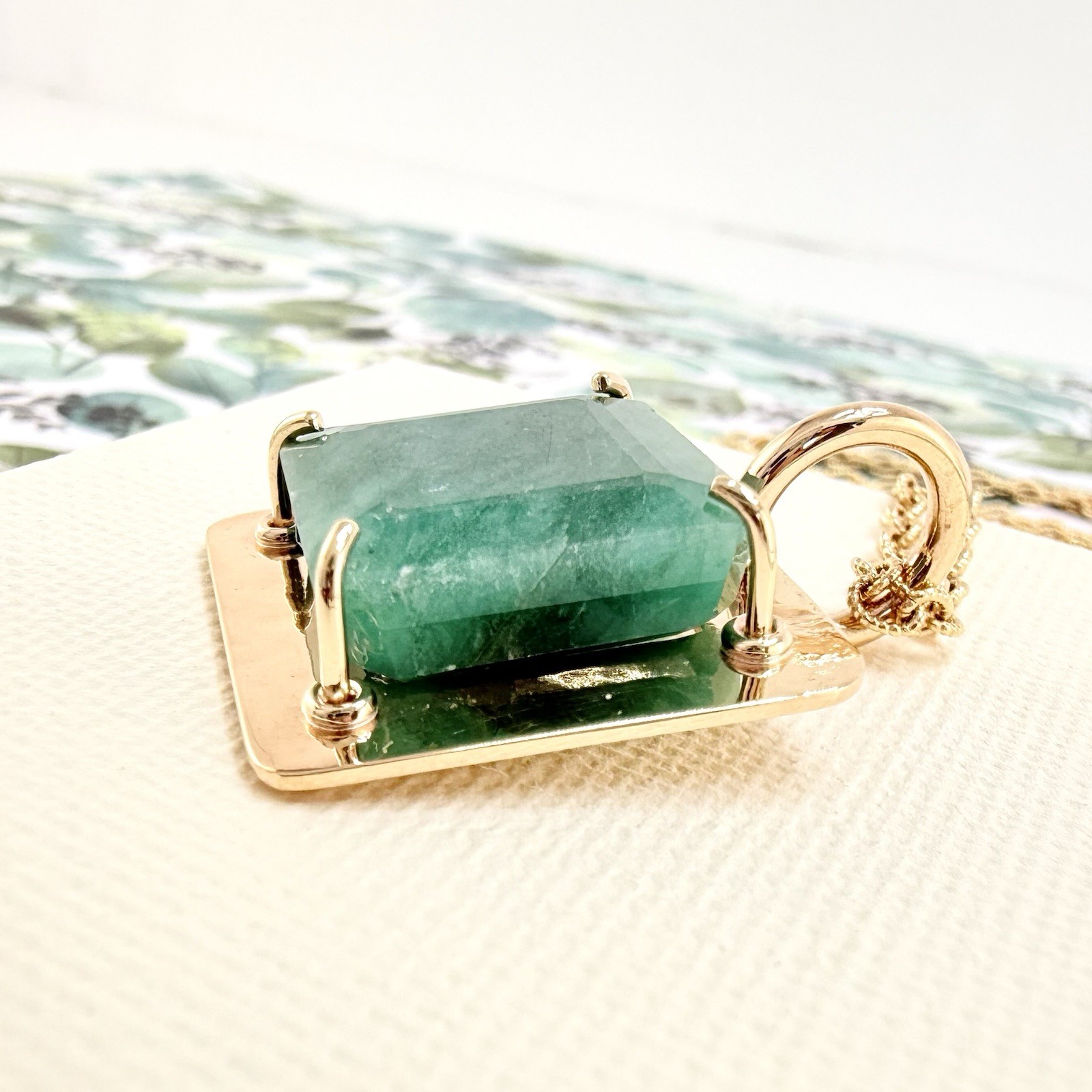 14k Yellow Gold Genuine Emerald Modernist Unisex Pendant, Newly Handcrafted - Picture 4 of 10